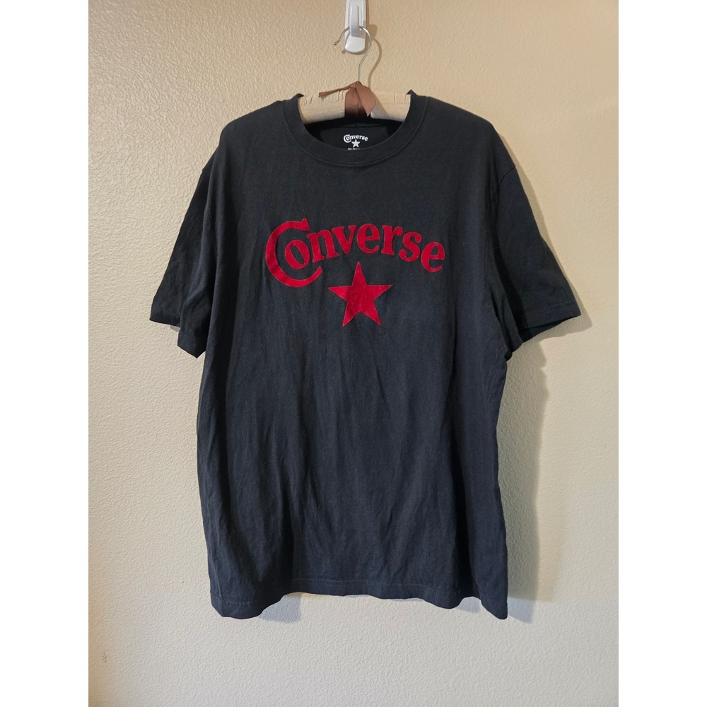 Converse Mens Graphic T-Shirt XL Black Red Flocked Logo Star Short Sleeve